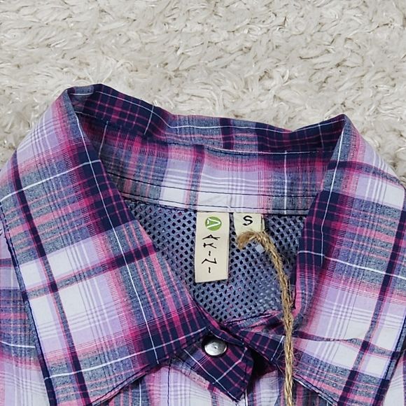 Dakini Plaid Boyfriend Shirt Womens Small Purple Stretch Hidden Pocket Vented - Picture 3 of 9
